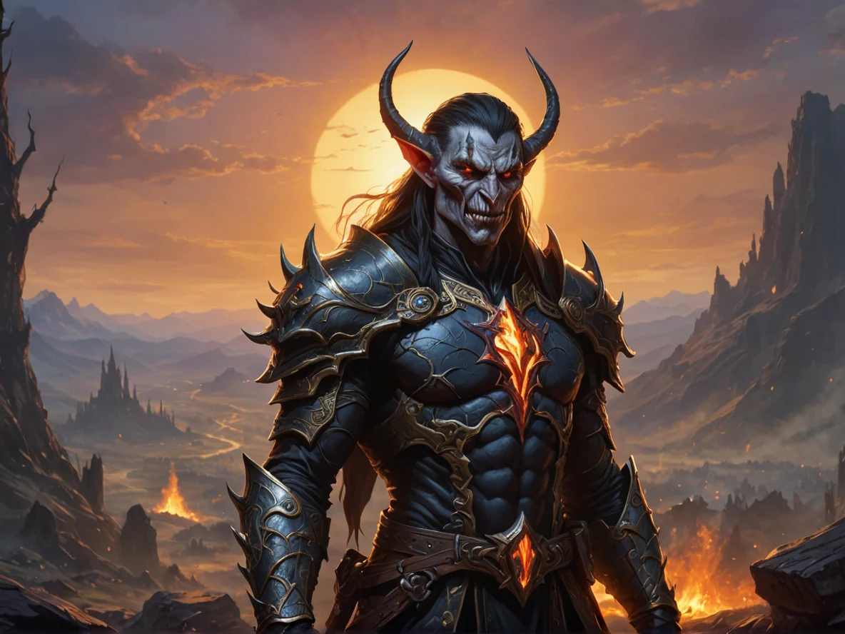 Venom-marked (Elf:1.1), Cleric, Eyes reflecting sunrise regardless of the hour, full-body shot, scorched battlefield, weak