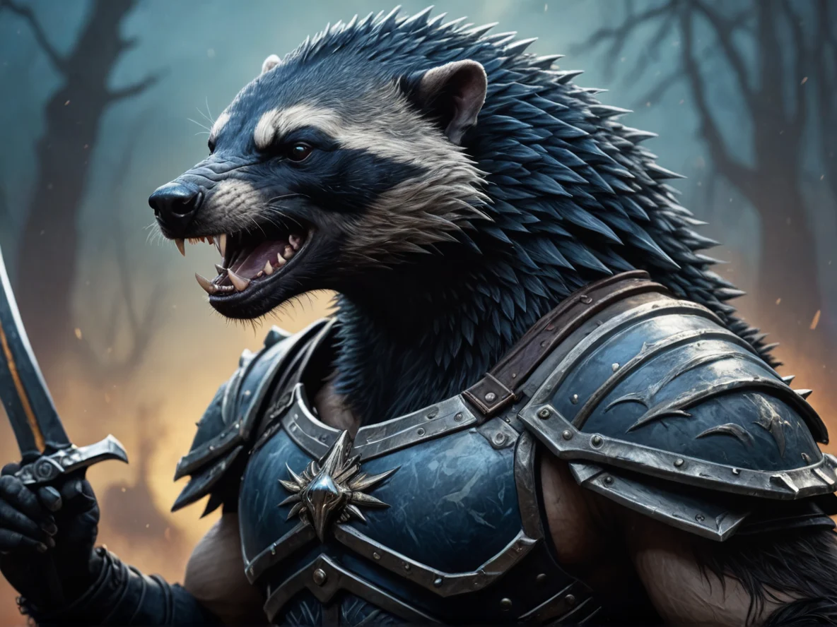 Fierce (Honey Badger:1.1), Spiked shoulder plates and jagged blades, medium close-up, blue fog, weak