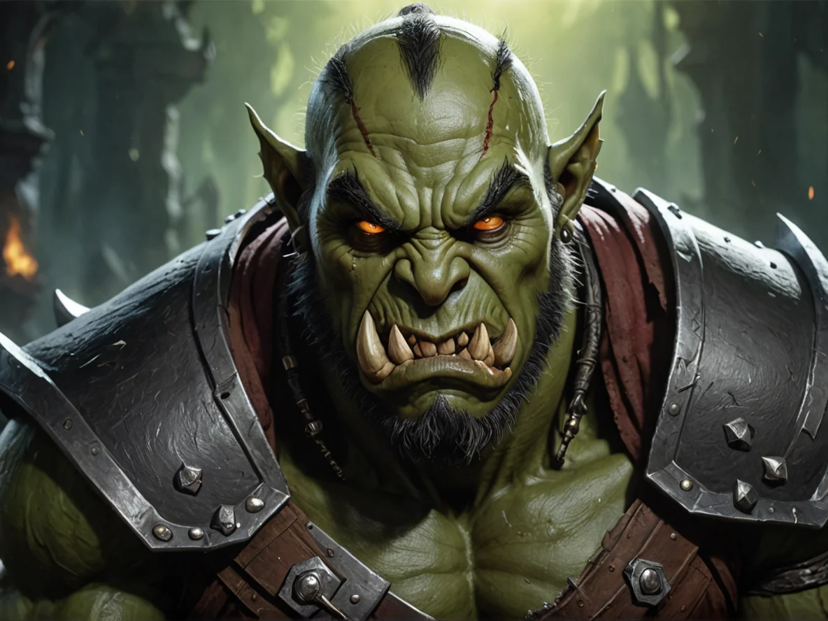 Deceptive (Orc:1.1), Assassin, Eyes that glow when casting spells, low angle shot, weak