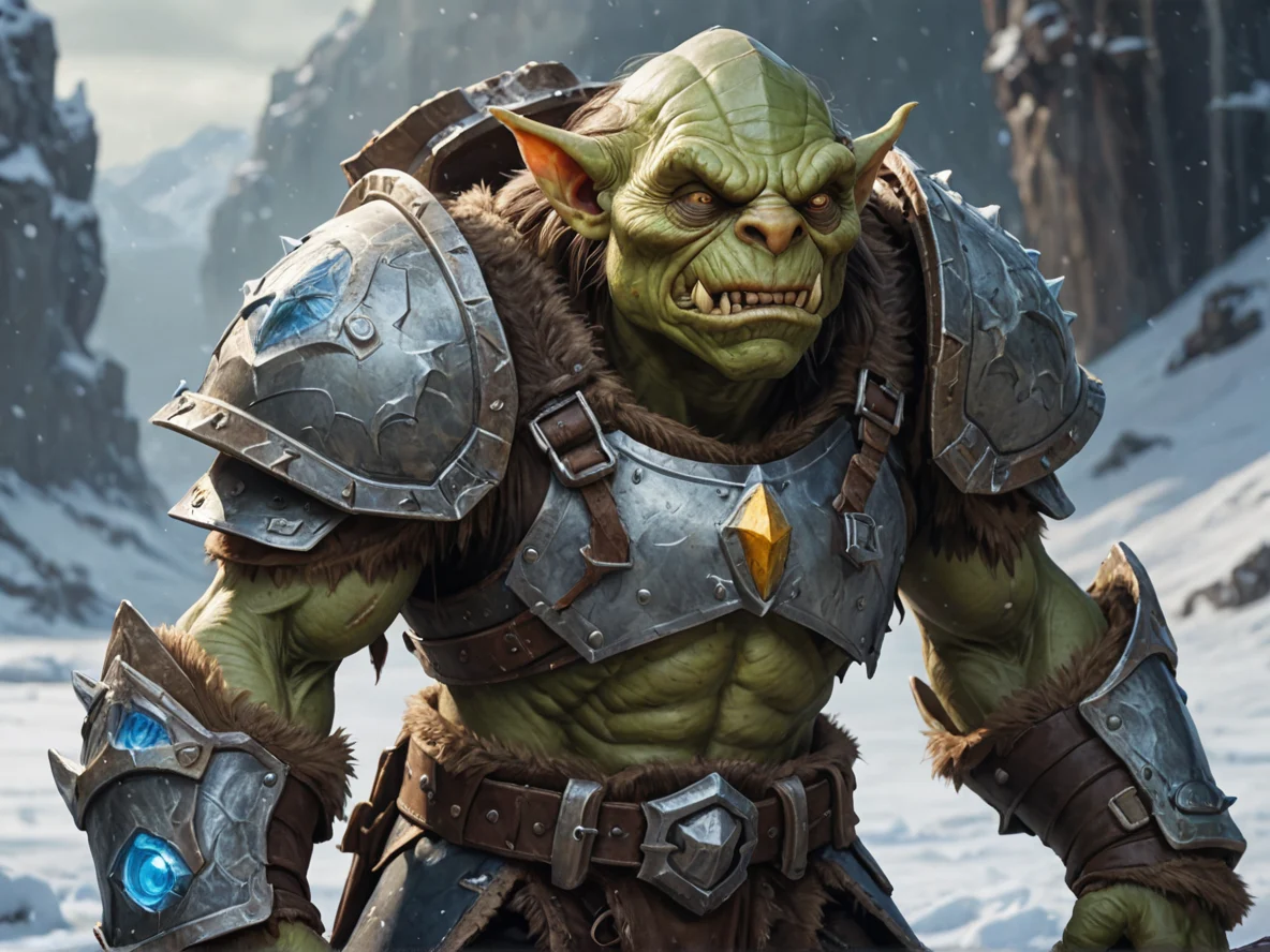 Ironclad (Goblin:1.1), Gunslinger, A shoulder guard cut from a giant turtle shell, three-quarter view, frozen tundra, weak
