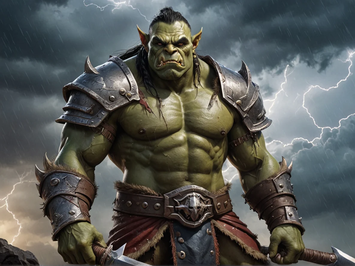 Star-touched (Orc:1.1), Gladiator, Leaning on a sword planted firmly in the ground, waist-up shot, thunderstorm sky, weak