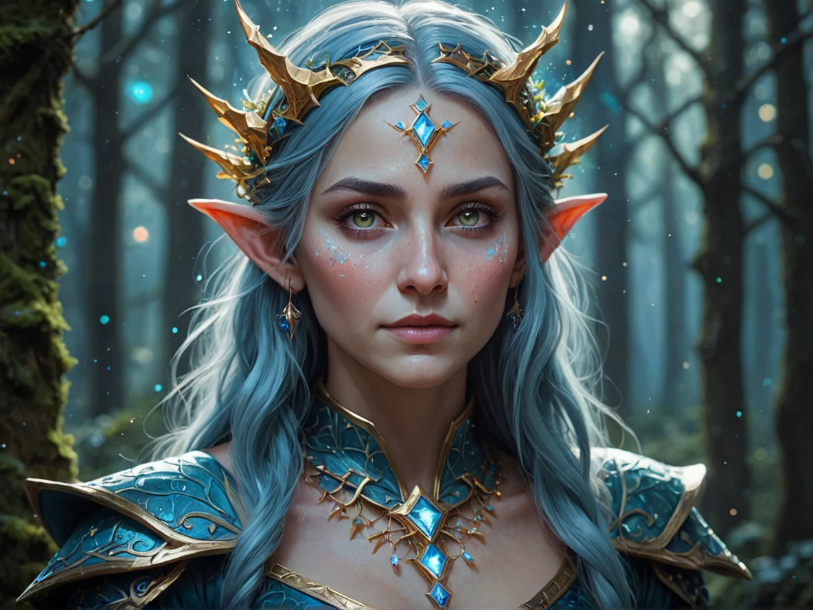 Compassionate (Elf:1.1), Enchanter, A constellation connecting itself above the figure, close-up portrait, crystal forest, weak