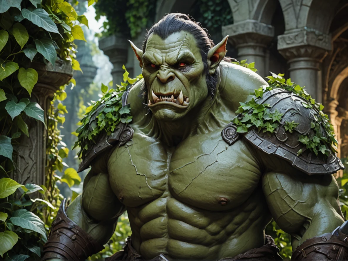 Fearless (Orc:1.1), Beastmaster, Inside a garden of statues overgrown with luminous ivy, close-up portrait, magic library, weak
