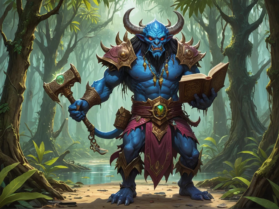 Crystal-eyed (Demon:1.1), Sorcerer, Carries an ancient book on the belt, full-body shot, mangrove swamp, weak