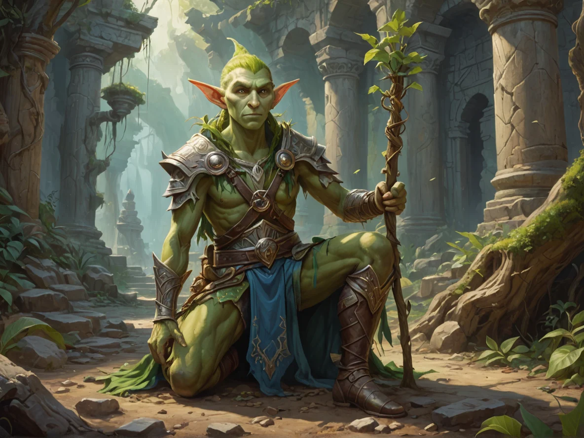Thornbound (Elf:1.1), Illusionist, Planting a staff as roots burst from the ground, three-quarter view, ancient ruins, weak