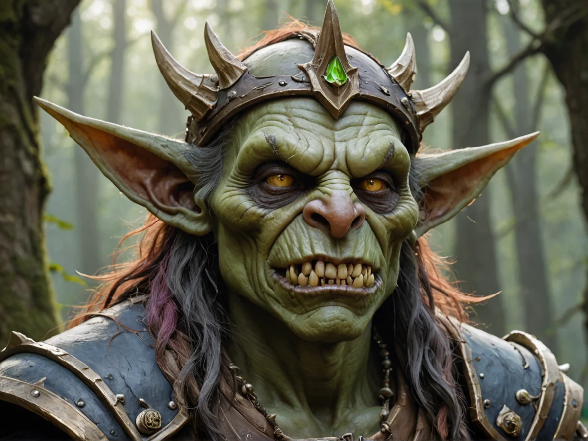 Noble (Goblin:1.1), Pirate, A crown-like ridge of bone along the skull, waist-up shot, thorny woodland, weak