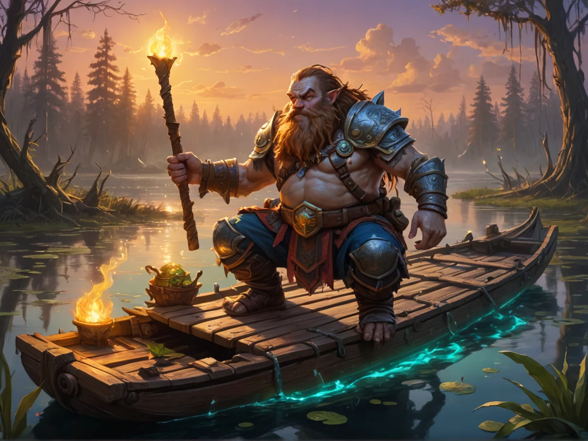 Radiant (Dwarf:1.1), Spellbreaker, On a raft drifting through a glowing swamp, medium close-up, sunset sky, weak