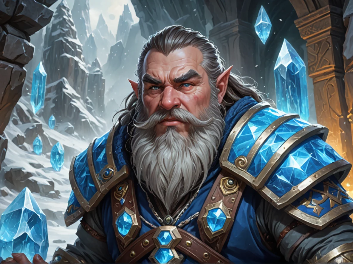 Frostborn (Dwarf:1.1), Artificer, In a valley filled with giant ringing crystals, close-up portrait, ancient temple, weak