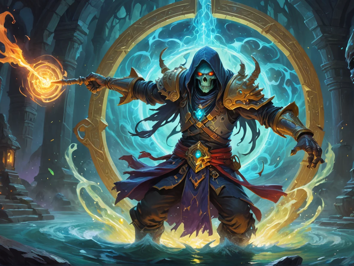 Generous (Undead:1.1), Assassin, Entering swirling portal of arcane light, waist-up shot, floating island, weak