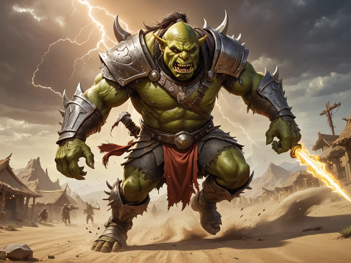 Mystical (Orc:1.1), Dragon Knight, Leaning into a sprint with lightning at their heels, dynamic angle, desert village, weak