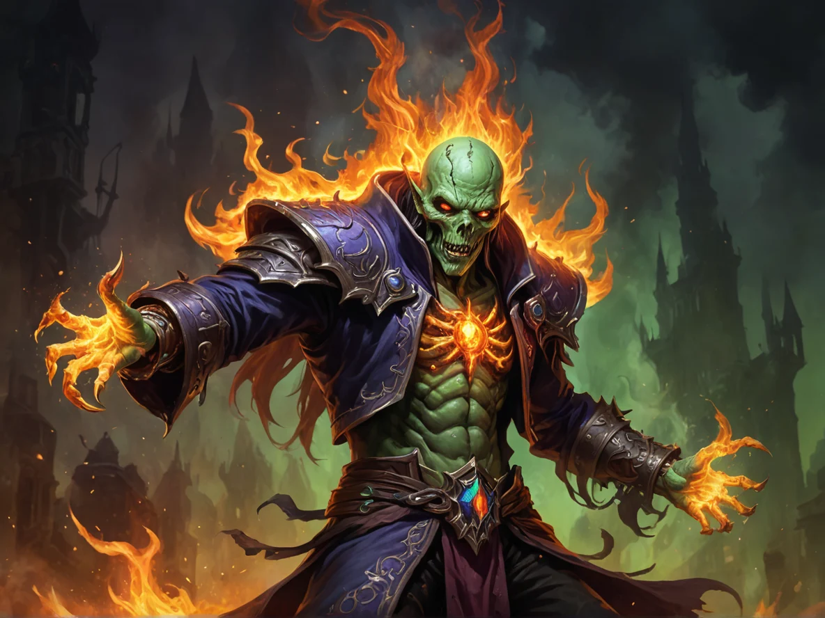 Eldritch (Undead:1.1), Necromancer, Left hand engulfed in flames, waist-up shot, weak