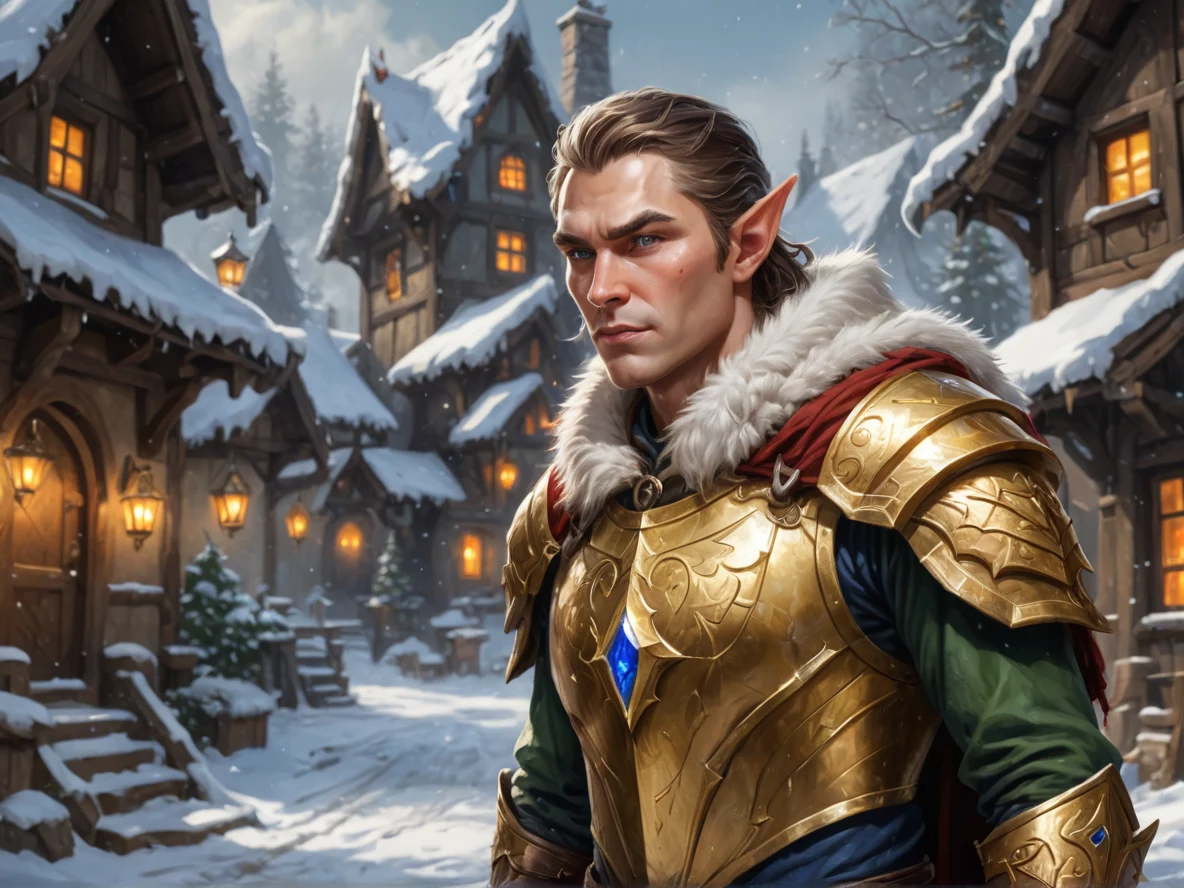 Brave (Elf:1.1), Elementalist, A shield made from a single enormous golden leaf, medium close-up, snowy village, weak