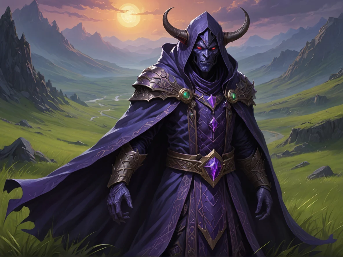 Sunblessed (Demon:1.1), Shadow Priest, Wears a cloak woven from midnight silk, medium close-up, grassy plateau, weak