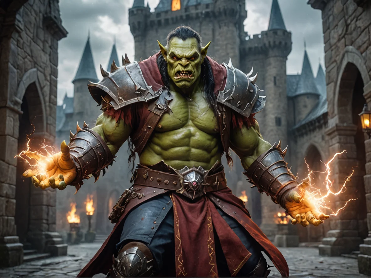Ambitious (Orc:1.1), Blood Mage, Hands constantly crackling with lightning, waist-up shot, castle courtyard, weak