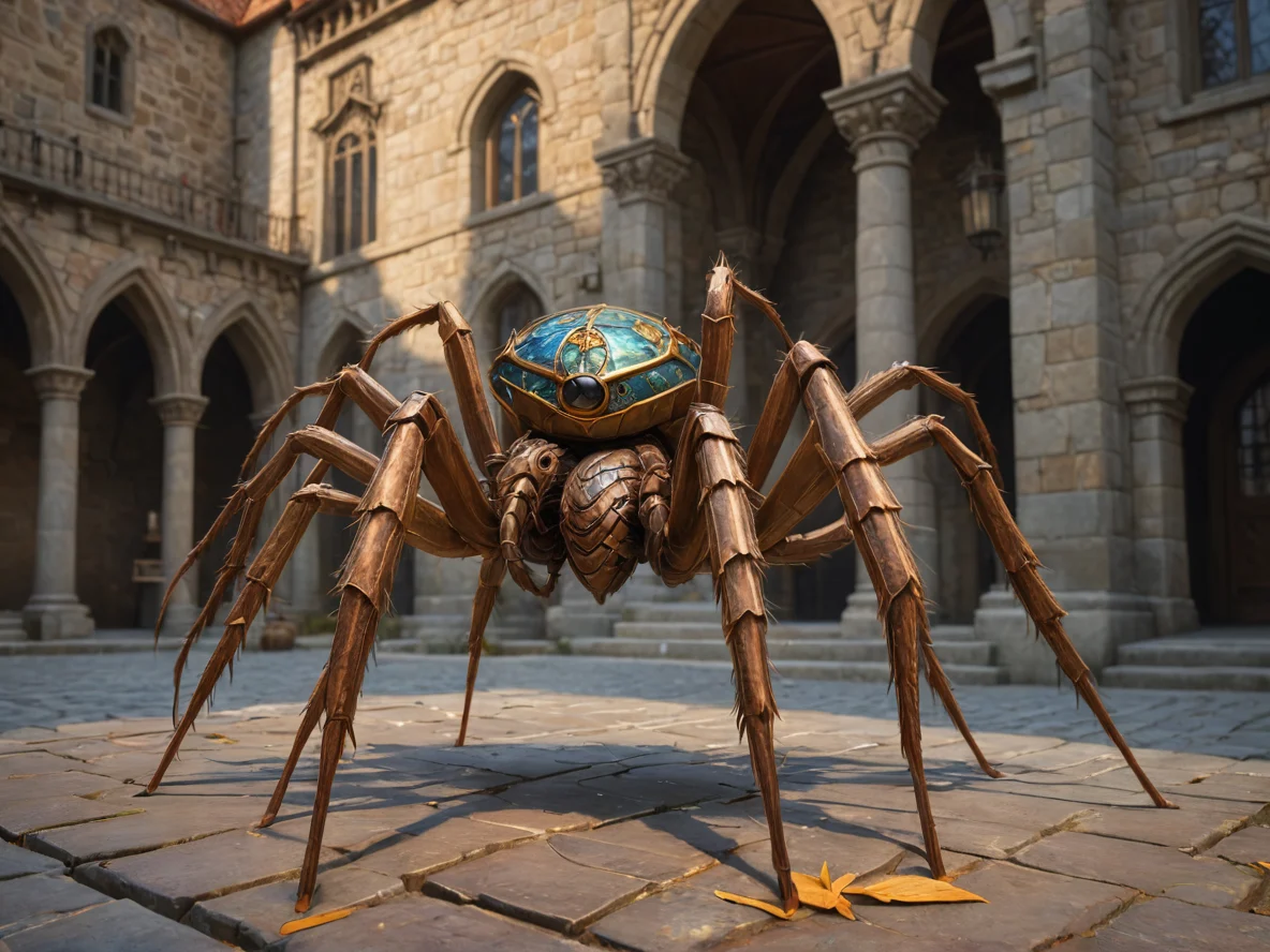 Rune-marked (Giant Spider:1.1), A crown of polished copper leaves, three-quarter view, castle courtyard, weak