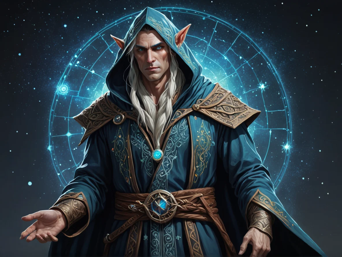 Vengeful (Elf:1.1), Druid, Robes embroidered with celestial constellations, dynamic angle, fantasy market, weak