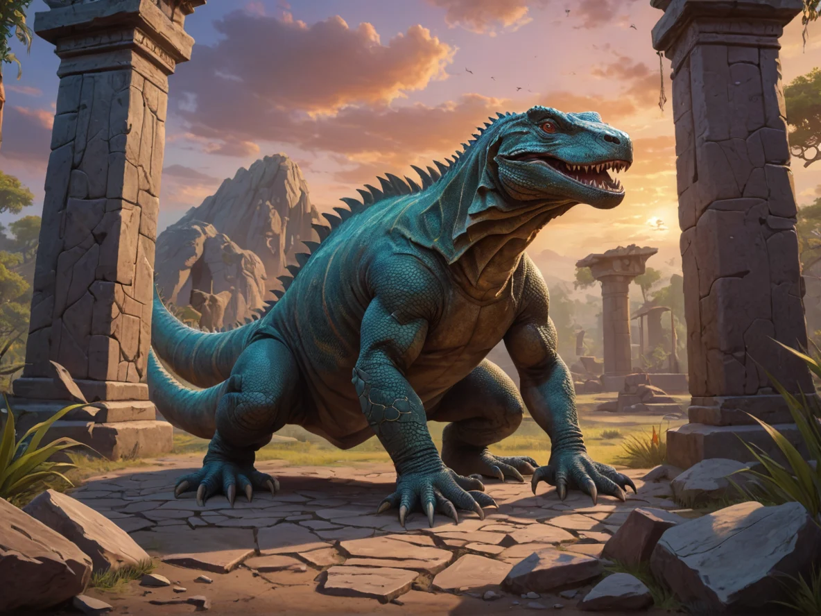 Duskwoven (Komodo Dragon:1.1), Defending shattered gate to dreamy realm, full-body shot, giant stone circle, weak