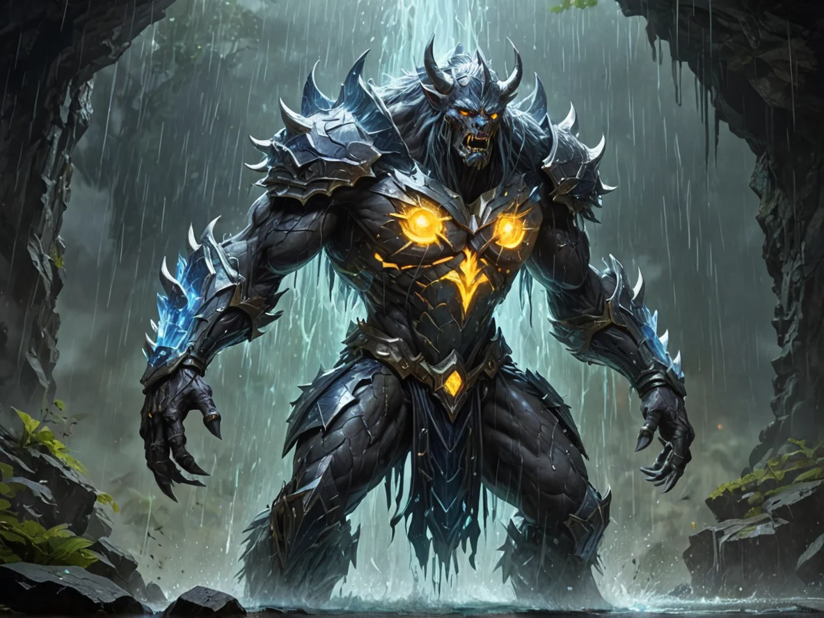 Corrupted (Earth Elemental:1.1), crystal elemental, thin basalt armor, glowing seams, A curtain of rain splitting before touching the body, dynamic angle, weak