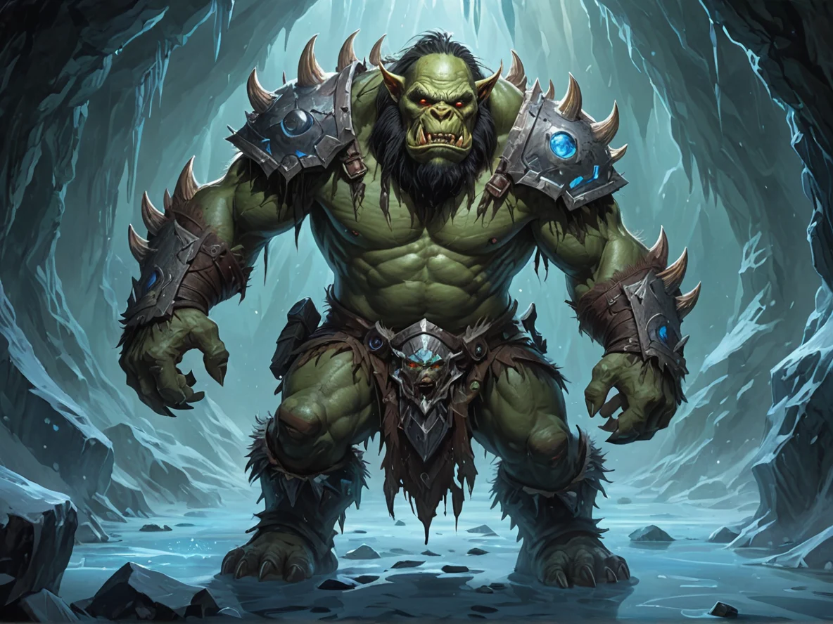 Deep-rooted (Orc:1.1), Sentinel, Luminous scar that changes color, dynamic angle, ice cavern, weak