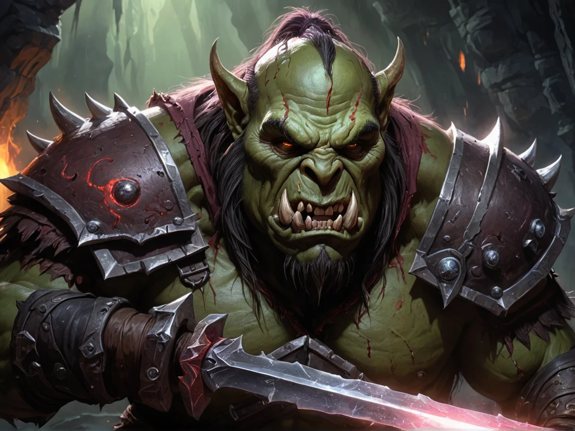 Voidborn (Orc:1.1), Juggernaut, A sword whose edge drips with shadow, close-up portrait, glowing cavern, weak