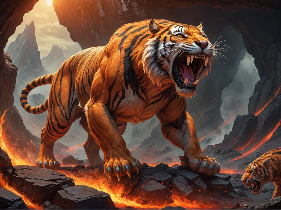 Swift (Saber-toothed Tiger:1.1), Defending fortress on volcano rim, medium close-up, lava cave, weak