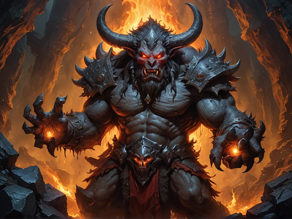 Fearsome (Demon:1.1), Berserker, Hands stained with soot from the forge, close-up portrait, giant mushroom cave, weak
