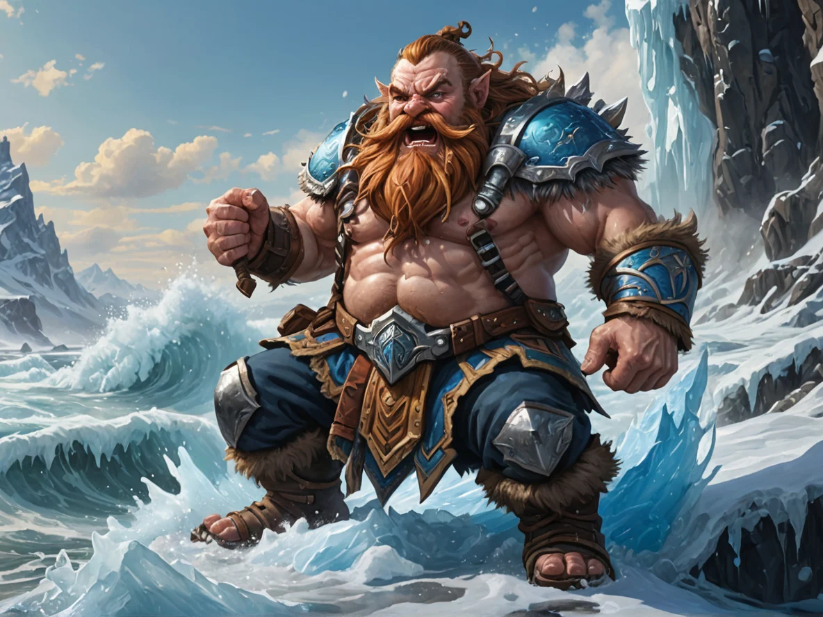 Tenacious (Dwarf:1.1), Runemaster, On a frozen shoreline, waves crashing into jagged ice, low angle shot, weak