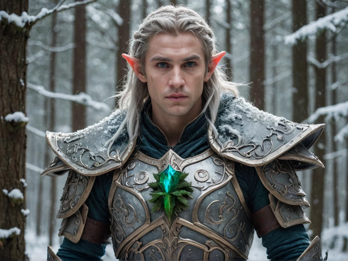 Steel-minded (Elf:1.1), Illusionist, Armor that changes color with the wearer’s emotions, waist-up shot, snowy pine forest, weak