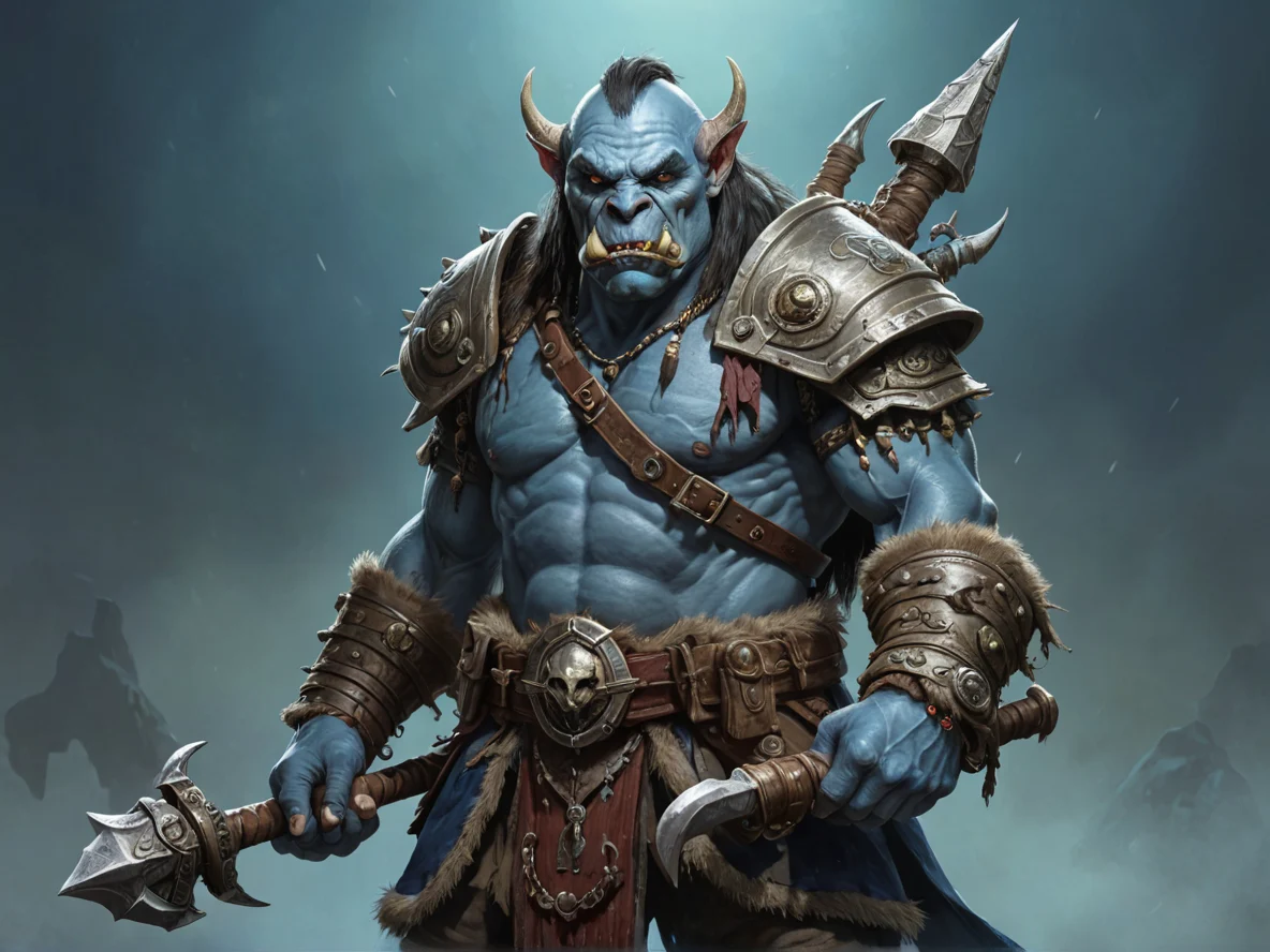 Cunning (Orc:1.1), Myrmidon, A staff adorned with bells that ring without sound, three-quarter view, blue fog, weak
