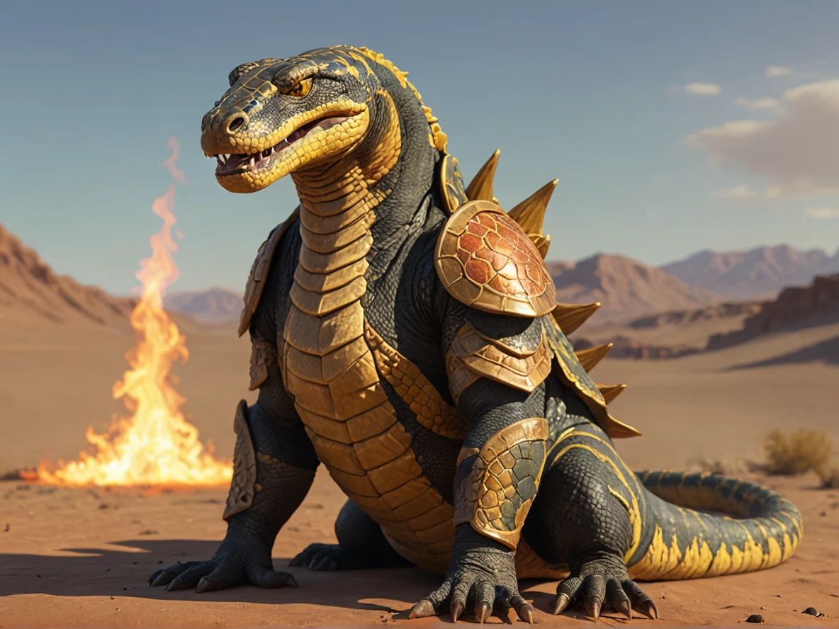 Flame-touched (Anaconda:1.1), Spectral fabric armor, medium close-up, desert plateau, weak