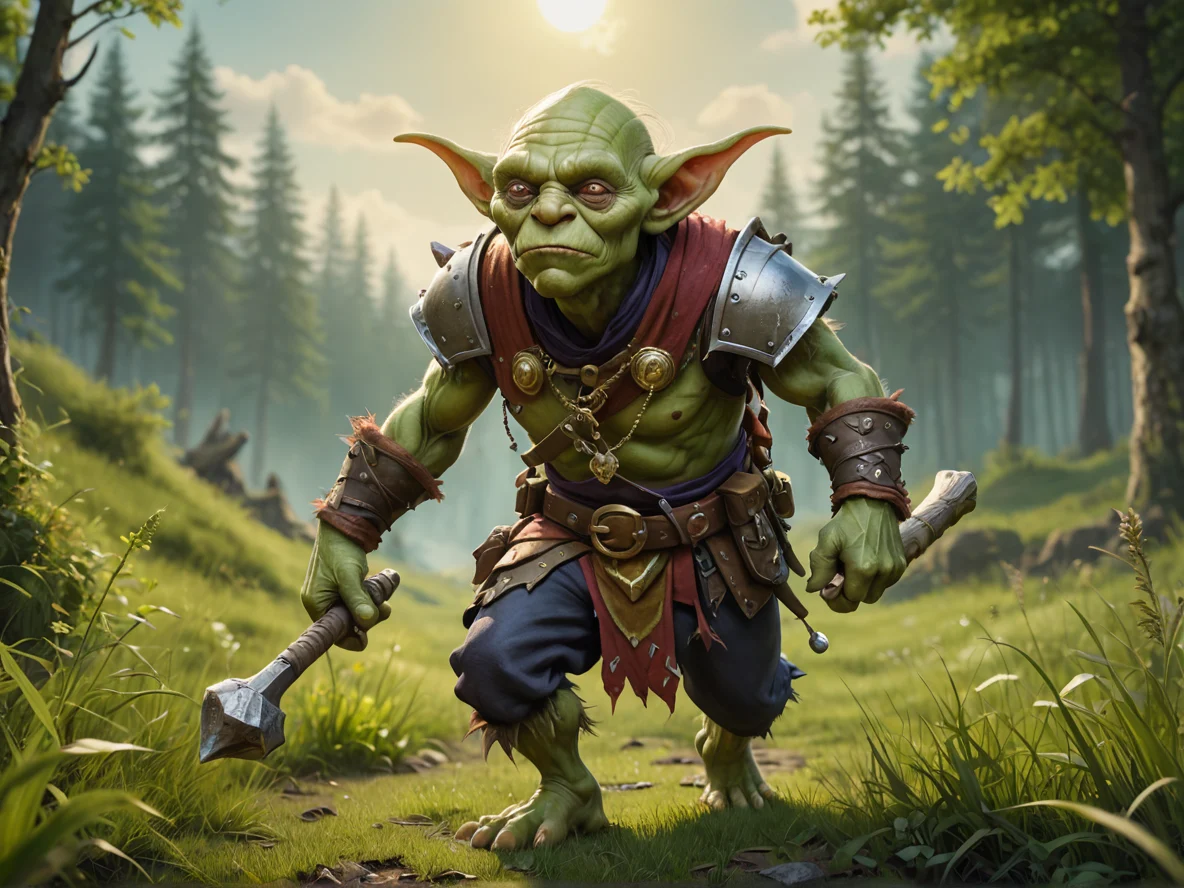 Unpredictable (Goblin:1.1), Illusionist, Carries an ancient bone talisman, low angle shot, grassy meadow, weak