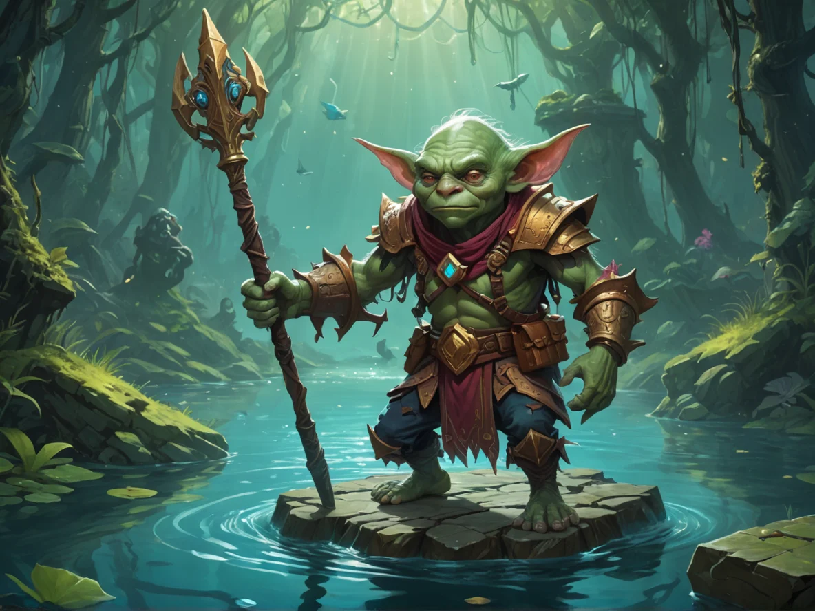 Swift (Goblin:1.1), Artificer, Poised to dive into the depths of a mysterious lake, full-body shot, magic library, weak