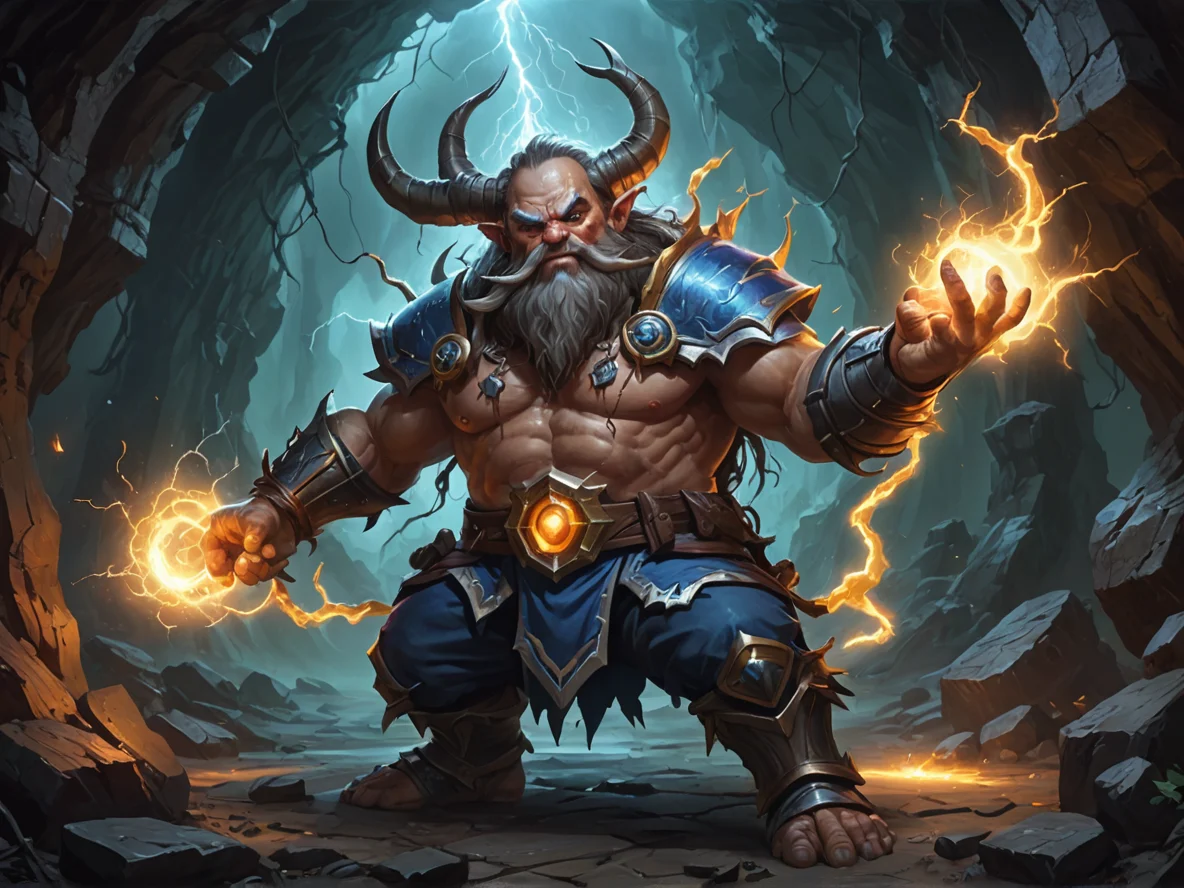 Unpredictable (Dwarf:1.1), Battlemage, Horns shaped like branching bolts of lightning, full-body shot, deep cavern, weak