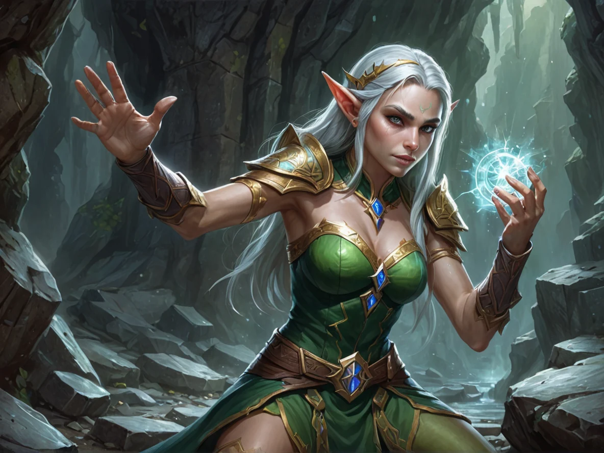 Scarred (Elf:1.1), Enchanter, Pressing one palm against a cracked stone seal, waist-up shot, crystal cavern, weak