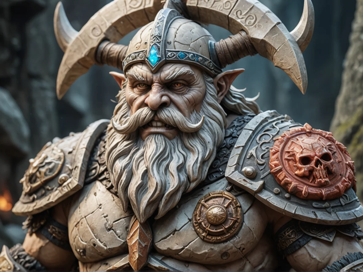 Frostborn (Dwarf:1.1), Gladiator, A trident carved from coral and bone, medium close-up, stone circle, weak