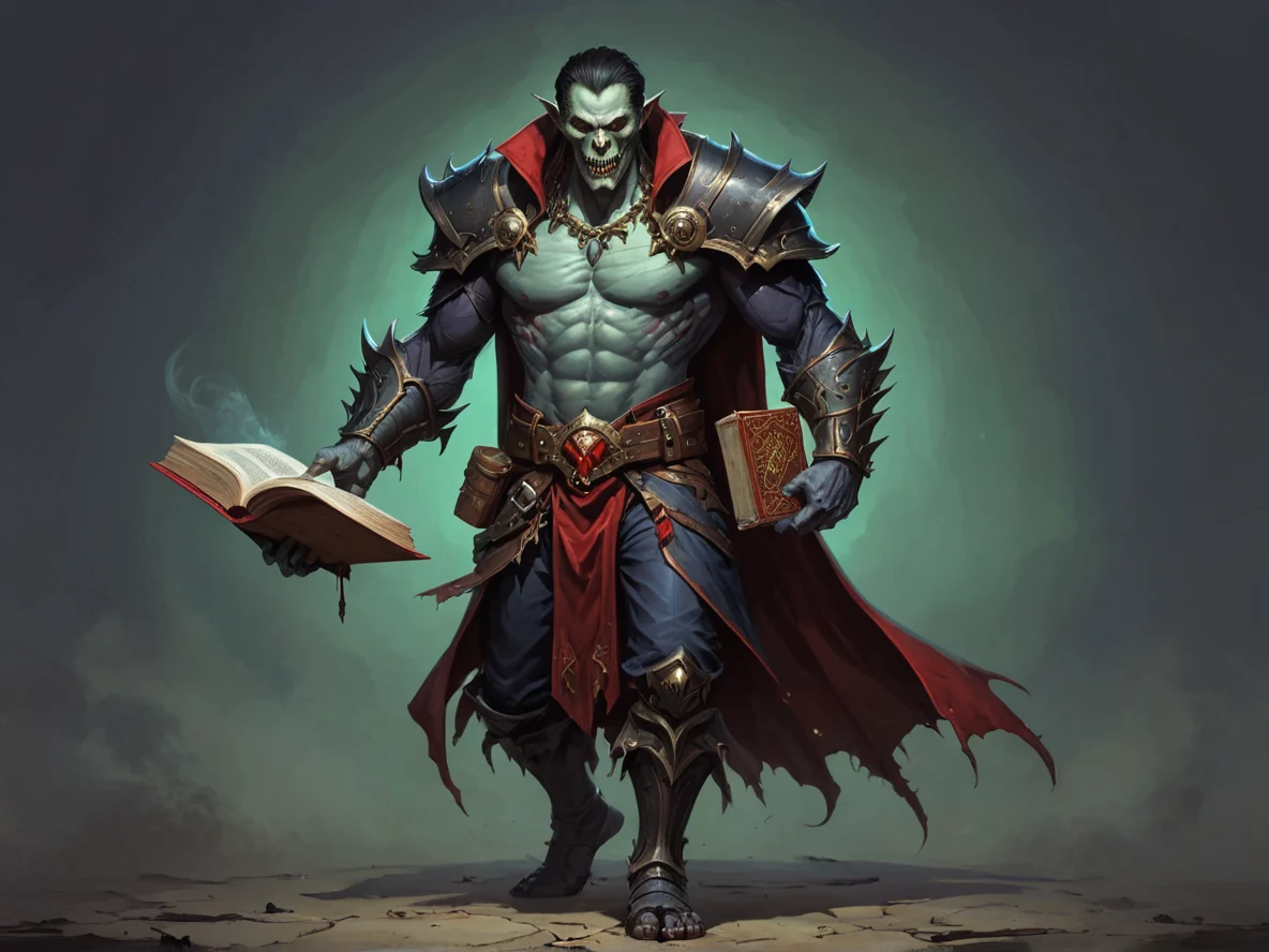 Dominant (Undead:1.1), Vampire, Carries an ancient book on the belt, full-body shot, weak