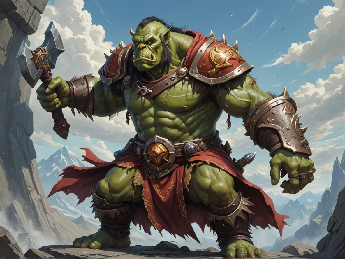 Stoic (Orc:1.1), Juggernaut, Cloak that shields from magical attacks, three-quarter view, sky fortress, weak