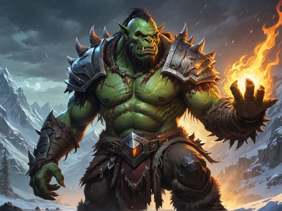 Rift-touched (Orc:1.1), Shaman, Armor with glowing cracks of light, dynamic angle, winter mountain, weak