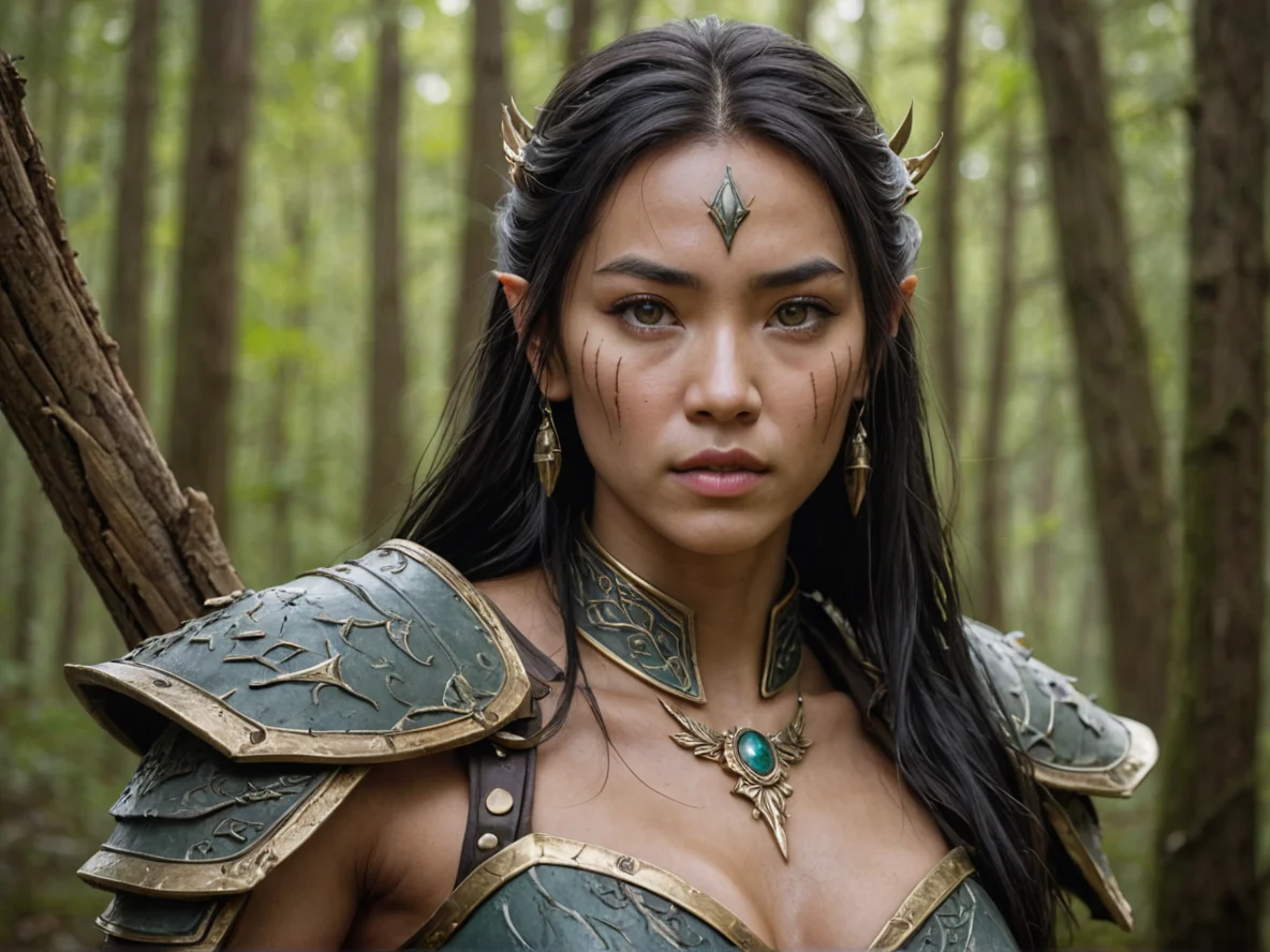Skyforged Human female, East Asian, Warrior, Eyes change color with emotions, waist-up shot, cypress swamp, weak