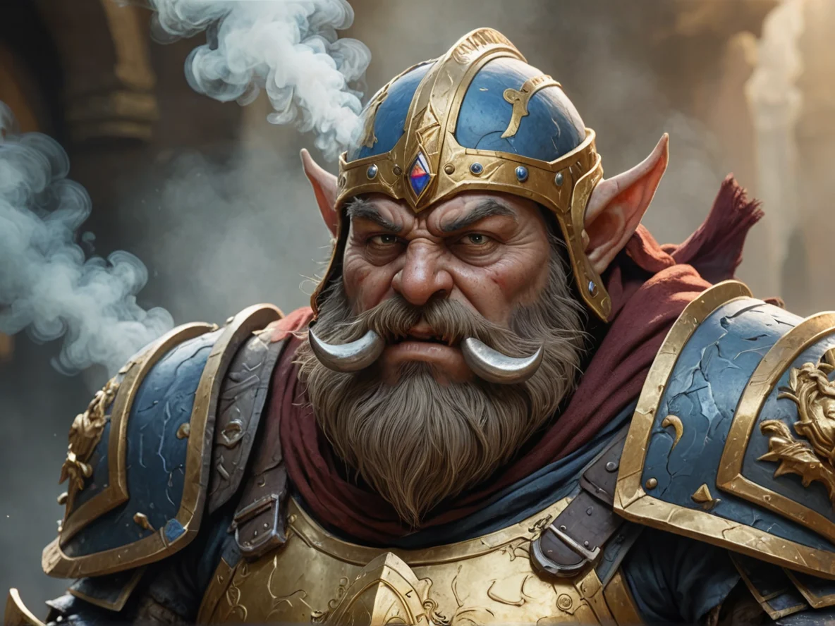 Gold-veined (Dwarf:1.1), Knight, Holding a mask away from the face as smoke escapes it, low angle shot, weak