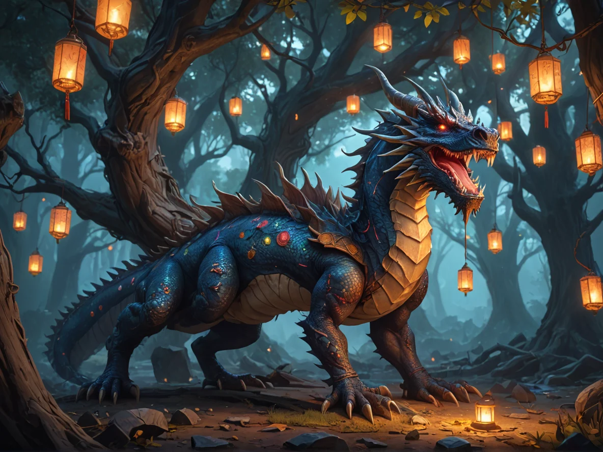 Nimble (Dragon:1.1), Beneath a dead tree covered in hanging lanterns, dynamic angle, weak