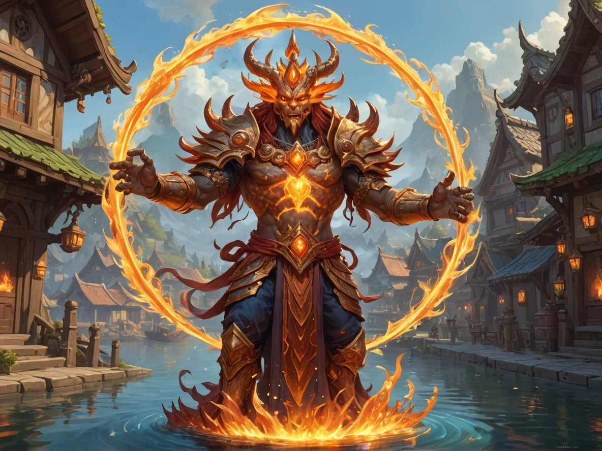 Sunblessed (Fire Elemental:1.1), spiraling fire body, ember halo, ribbon limbs, A crown of polished copper leaves, three-quarter view, fishing village, weak