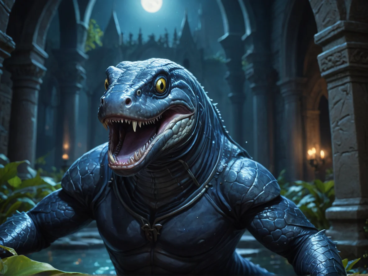 Frostborn (Eel:1.1), Sneaking through moonlit royal garden, close-up portrait, dark cathedral, weak