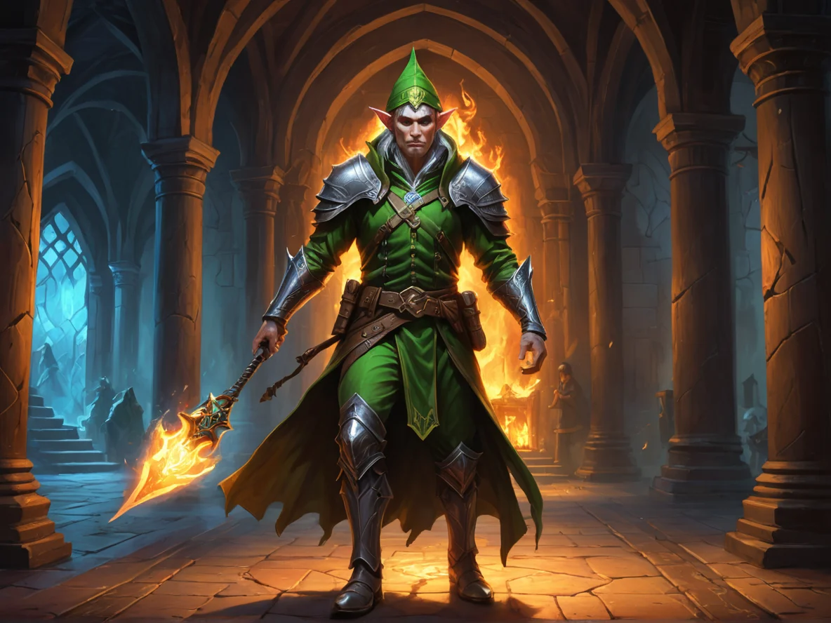 Stealthy (Elf:1.1), Hunter, In a hall where every torch burns a different color, dynamic angle, wizard tower, weak