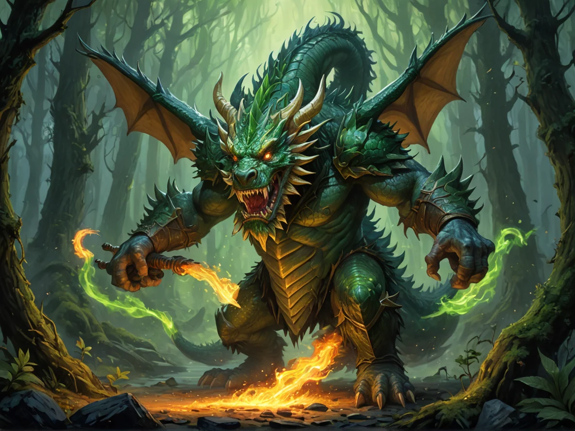 Celestial (Dwarf:1.1), Hunter, A plume of green fire curling into dragon shapes, three-quarter view, enchanted bog, weak