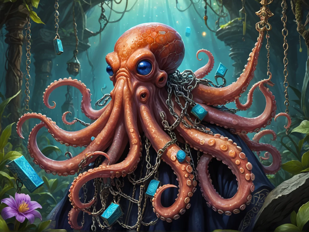 Inquisitive (Octopus:1.1), A halberd draped in chains of tiny prayer tablets, close-up portrait, enchanted garden, weak