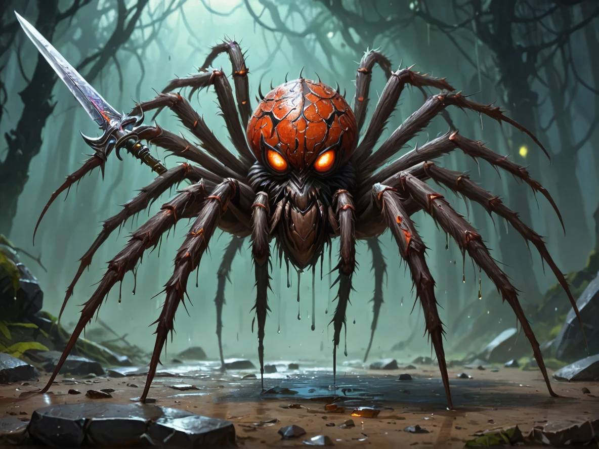 Unpredictable (Giant Spider:1.1), Sword dripping with poison, dynamic angle, weak