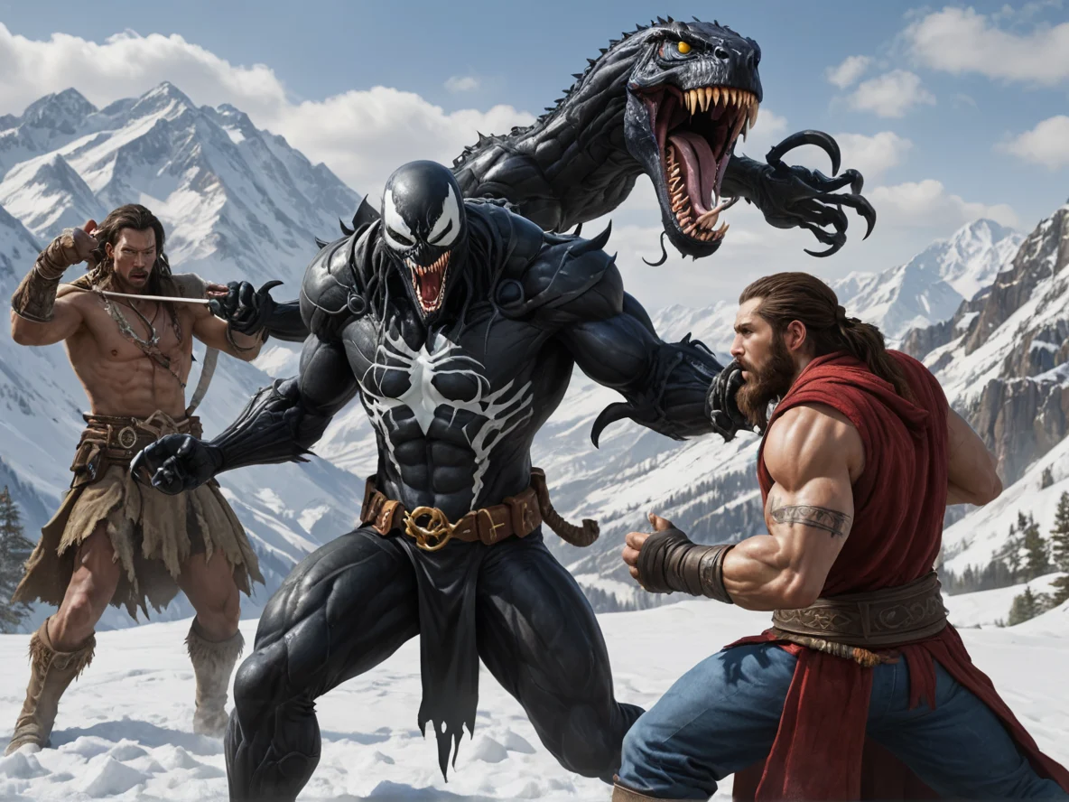 Venom-marked Human male, Mixed ethnicity, Gunslinger, Fighting alongside living statues, three-quarter view, snowy mountains, weak