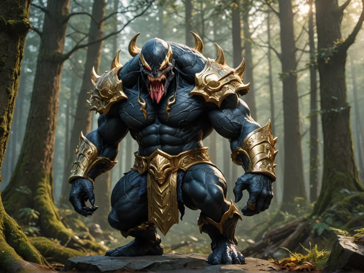 Venom-marked (Dwarf:1.1), Warrior, Skin resembling polished marble veined with gold, low angle shot, forest shrine, weak