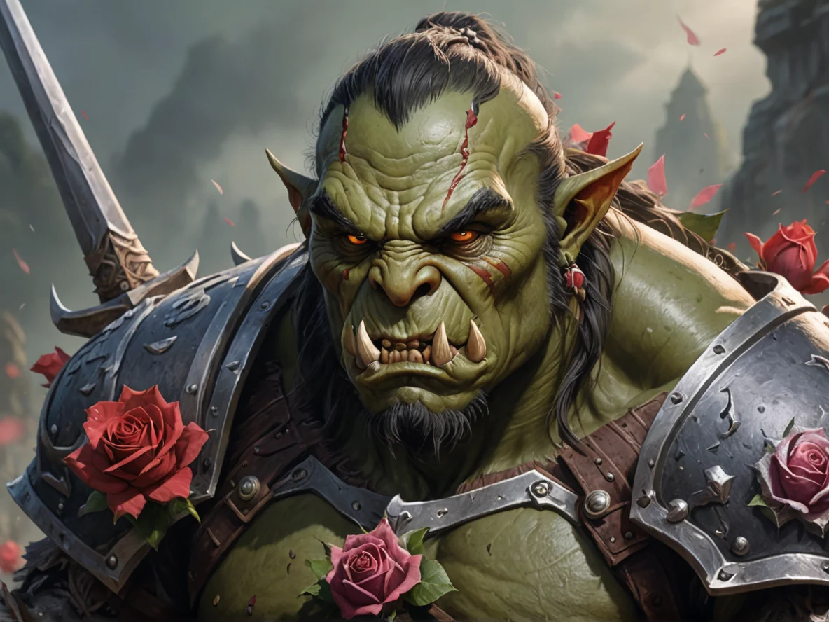 Mist-shrouded (Orc:1.1), Myrmidon, A rapier whose guard resembles blooming rose petals, close-up portrait, weak